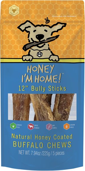 Honey I'm Home! 12-in Bully Sticks Natural Honey Coated Buffalo Chews Grain-Free Dog Treats, 5 count slide 1 of 3