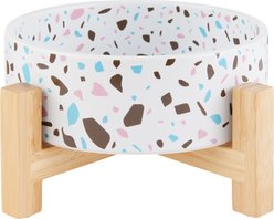 Frisco Elevated Terrazzo Non-skid Ceramic  Bowl with Bamboo Stand, White, Medium: 5 cup