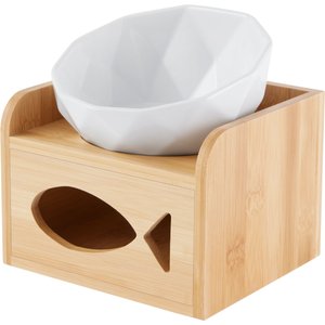 Frisco Elevated Non-Skid Ceramic Non-Skid Cat Ceramic Bowl & Bamboo Storage, White, 1 Cups
