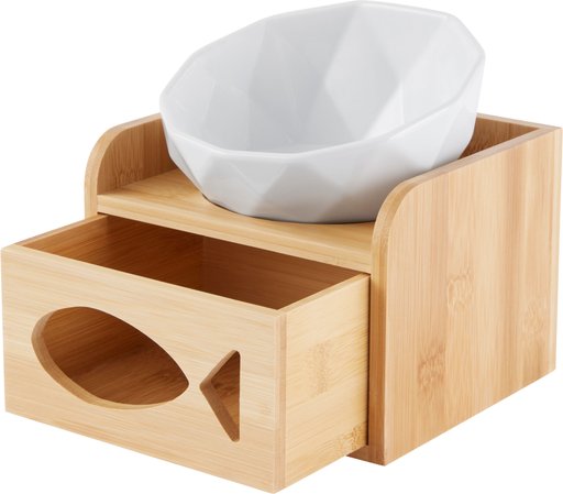 Frisco Elevated Non-Skid Ceramic Bowl & Bamboo Storage, White, Small: 1 cup