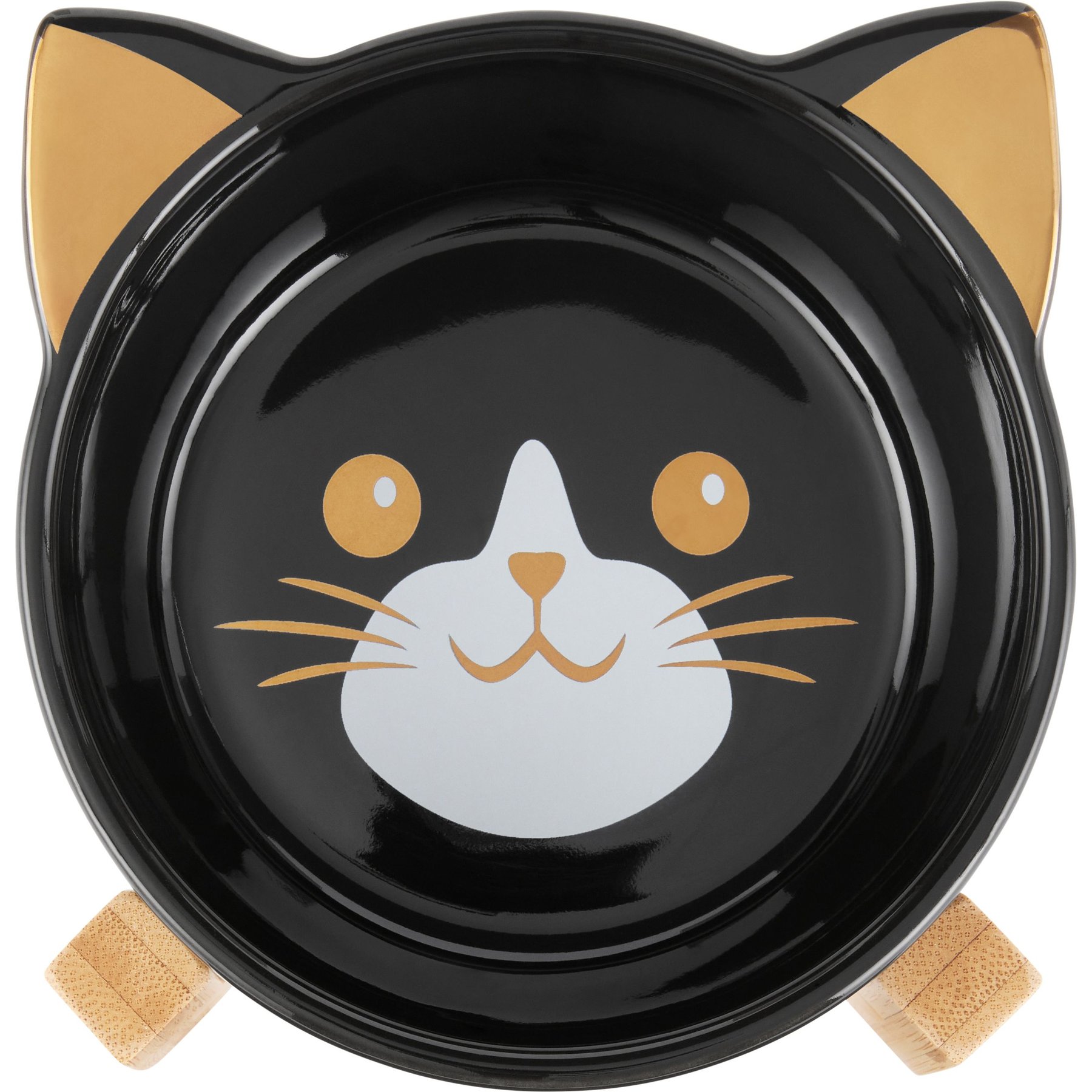 FRISCO Cat Face Elevated Bamboo Non Skid Ceramic Cat Bowl Black 1 Cup Chewy