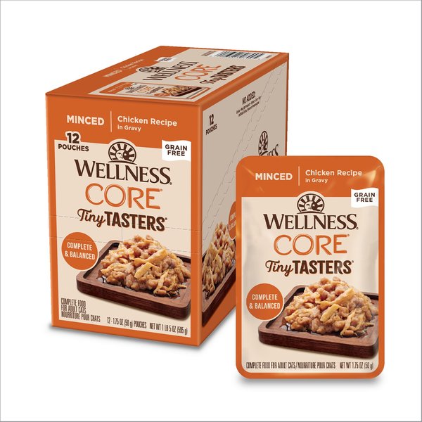 Wellness Tiny Tasters Chicken Grain-Free Minced Wet Cat Food, 1.75-oz pouch, case of 12 slide 1 of 9