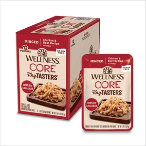 Wellness CORE Tiny Tasters Chicken & Beef Grain-Free Minced Wet Cat Food, 1.75-oz pouch, case of 12