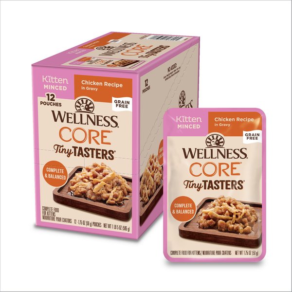 Wellness CORE Tiny Tasters Kitten Chicken Grain-Free Minced Wet Cat Food, 1.75-oz pouch, case of 12 slide 1 of 9