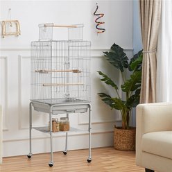 Yaheetech Play Top Detachable Rolling Stand Metal Bird Cage, 47-in, Light Gray