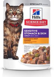 Hill's Science Diet Adult Sensitive Stomach & Sensitive Skin Chicken & Beef Canned Cat Food, 2.8-oz pouch, case of 24