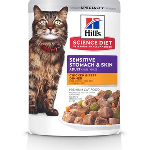 Hill's Science Diet Adult Sensitive Stomach & Sensitive Skin Chicken & Beef Canned Cat Food, 2.8-oz pouch, case of 24