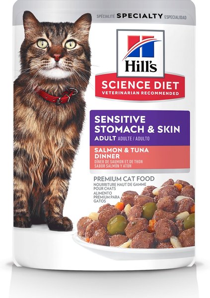 Hill's Science Diet Adult Sensitive Stomach & Skin Salmon & Tuna Canned Cat Food, 2.8-oz pouch, case of 24 slide 1 of 9