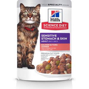 Hill's Science Diet Adult Sensitive Stomach & Skin Salmon & Tuna Canned Cat Food, 2.8-oz pouch, case of 24