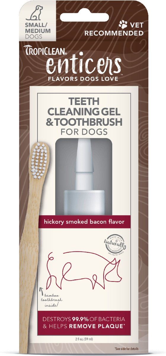 TropiClean Enticers Hickory Smoked Bacon Flavored Toothpaste Small & Medium Dog Tooth Brushing Kit, 2-oz tube