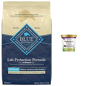 NaturVet VitaPet Senior Plus Glucosamine Soft Chews Multivitamin for Dogs + Blue Buffalo Life Protection Formula Senior Chicken & Brown Rice Recipe Dry Food