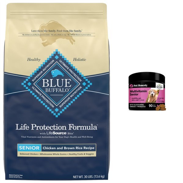 PetHonesty Duck Flavored Soft Chews Multivitamin for Senior Dogs + Blue Buffalo Life Protection Formula Senior Chicken & Brown Rice Recipe Dry Food slide 1 of 9