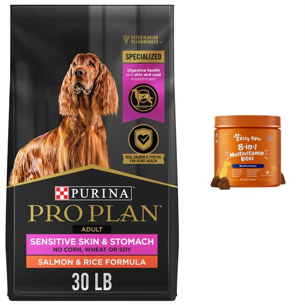 Zesty Paws Core Elements 8-in-1 Peanut Butter Flavored Chews Multivitamin for Dogs + Purina Pro Plan Adult Sensitive Skin & Stomach Salmon & Rice Formula Dry Food slide 1 of 8