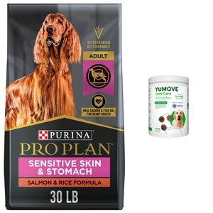 YuMOVE Tasty Bites Natural Joint Health Hickory Flavor Soft Chew Dog Supplement + Purina Pro Plan Adult Sensitive Skin & Stomach Salmon & Rice Formula Dry Food