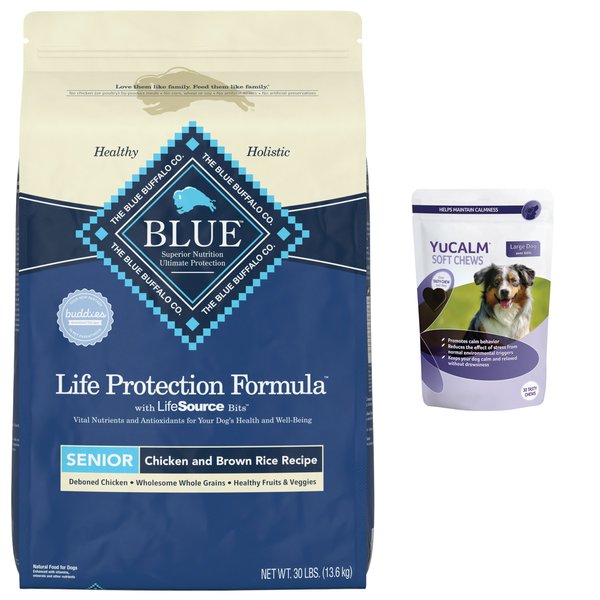 YuCALM Lintbells Calming Soft Chews Large Breed Dog Supplement + Blue Buffalo Life Protection Formula Senior Chicken & Brown Rice Recipe Dry Food slide 1 of 9