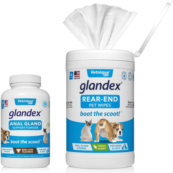 Vetnique Labs Glandex Anal Gland & Probiotic Beef Liver Flavored Pumpkin Fiber & Digestive Powder Supplement + Pet Wipes Cleansing & Deodorizing Anal Gland Hygienic Wipes for Dogs & Cats slide 1 of 9