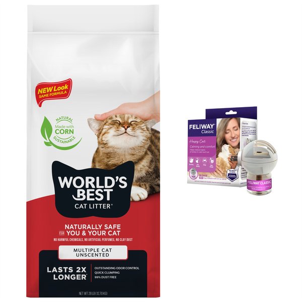 Feliway Classic 30 Day Starter Kit Calming Diffuser for Cats + World's Best Multi-Cat Unscented Clumping Corn Litter slide 1 of 9
