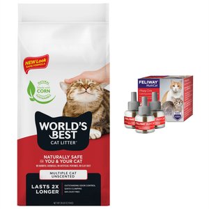 Feliway MultiCat Calming Diffuser Refill for Cats, 3 count + World's Best Multi-Cat Unscented Clumping Corn Litter