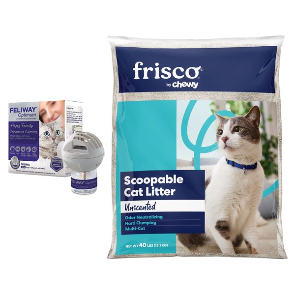 Feliway Optimum Enhanced Calming Pheromone Cat Diffuser Kit + Frisco Multi-Cat Unscented Clumping Clay Litter slide 1 of 9