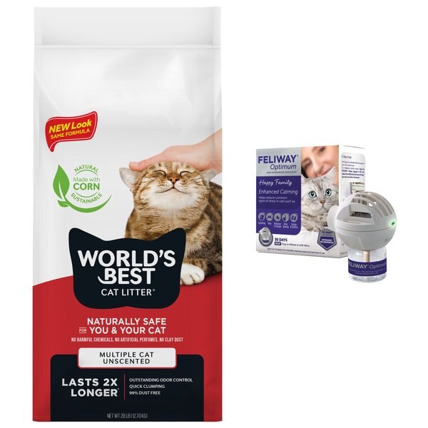 Feliway Optimum Enhanced Calming Pheromone Cat Diffuser Kit + World's Best Multi-Cat Unscented Clumping Corn Litter slide 1 of 9