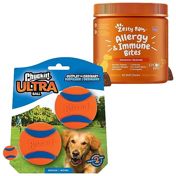 Zesty Paws Aller-Immune Lamb Flavored Soft Chews Allergy & Immune Supplement for Dogs + Chuckit! Ultra Rubber Ball Tough Toy slide 1 of 9