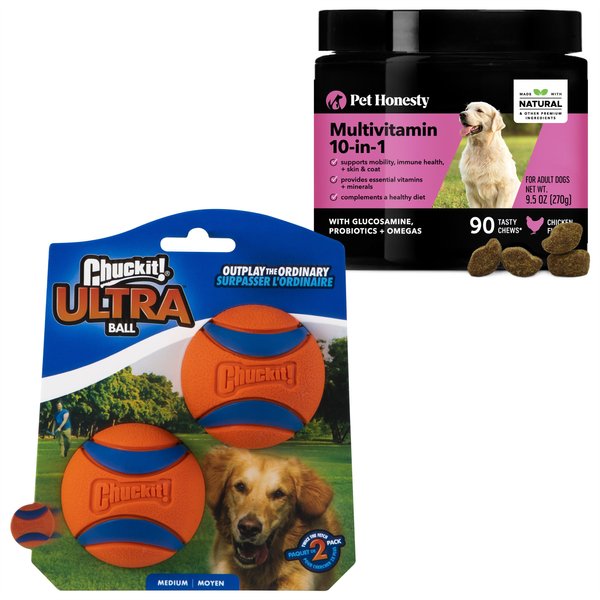 PetHonesty 10-for-1 Chicken Flavored Soft Chews Multivitamin for Dogs + Chuckit! Ultra Rubber Ball Tough Toy slide 1 of 9
