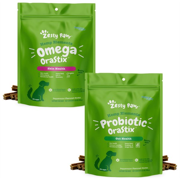 Zesty Paws Omega OraStix Skin Health Peppermint Flavor Chews Supplement + Probiotic OraStix Mint Flavored Dental Chews for Dogs slide 1 of 9