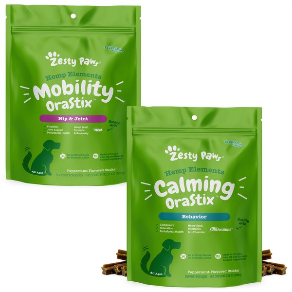 Zesty Paws Hemp Elements Calming Peppermint Flavored Dental Chews Calming Supplement + Mobility OraStix Mint Flavored Dental Chews for Dogs slide 1 of 9