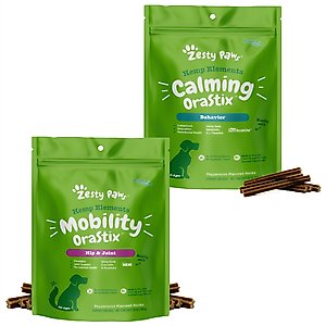 Zesty Paws Hemp Elements Calming Peppermint Flavored Dental Chews Calming Supplement + Mobility OraStix Mint Flavored Dental Chews for Dogs