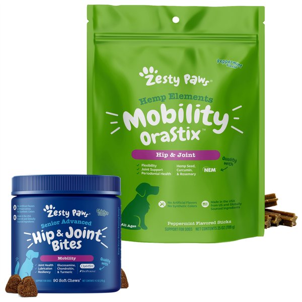 Zesty Paws Advanced Mobility Chicken Flavored Chews Hip & Joint Supplement for Senior Dogs & Mobility OraStix Mint Flavored Dental Chews slide 1 of 9