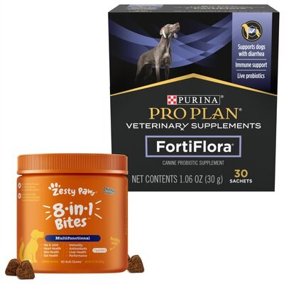 Purina Pro Plan Veterinary Diets FortiFlora Powder Digestive Supplement + Zesty Paws Core Elements 8-in-1 Chicken Flavored Chews Multivitamin for Dogs, slide 1 of 1