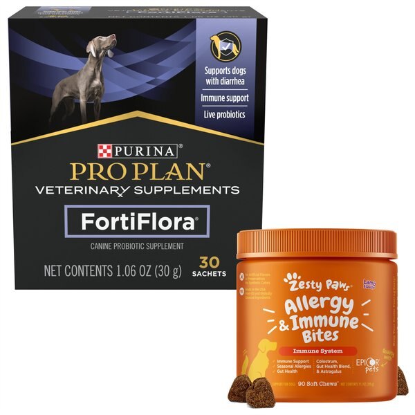 Zesty Paws Aller-Immune Lamb Flavored Soft Chews Allergy & Immune Supplement + Purina Pro Plan Veterinary Diets FortiFlora Powder Digestive Supplement for Dogs slide 1 of 9