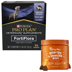 Zesty Paws Aller-Immune Lamb Flavored Soft Chews Allergy & Immune Supplement + Purina Pro Plan Veterinary Diets FortiFlora Powder Digestive Supplement for Dogs