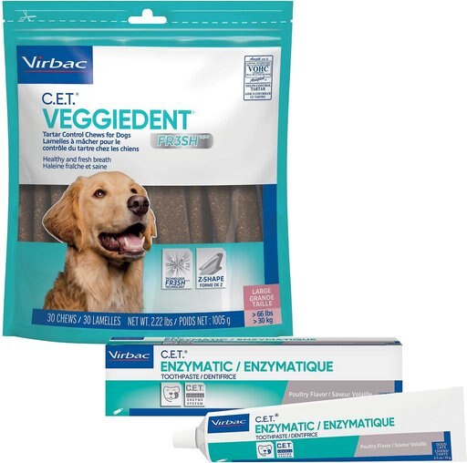 Virbac C.E.T. VeggieDent Fr3sh Tartar Control Chews + Enzymatic Poultry Flavor Toothpaste for Dogs