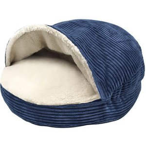 Precious Tails Plush Corduroy & Sherpa Lined Covered Cat & Dog Bed, Navy, Medium