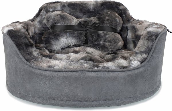 Precious Tails Princess Faux Fur Bolster Cat & Dog Bed w/ Removable Cover, Gray slide 1 of 8
