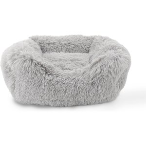 Precious Tails Super Lux Shaggy Fur Bolster Cat & Dog Bed w/ Removable Cover, Ice Gray, Small