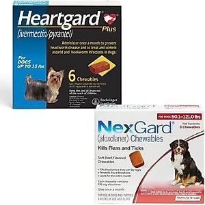 Heartgard Plus Chew for Dogs, up to 25 lbs, (Blue Box), 6 Chews (6-mos. supply) & NexGard Chew for Dogs, 60.1-121 lbs, (Red Box), 6 Chews (6-mos. supply)