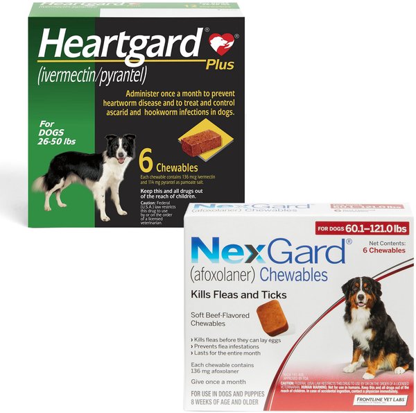 Heartgard Plus Chew for Dogs, 26-50 lbs, (Green Box), 6 Chews (6-mos. supply) & NexGard Chew for Dogs, 60.1-121 lbs, (Red Box), 6 Chews (6-mos. supply) slide 1 of 9