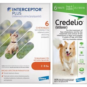 Interceptor Plus Chew for Dogs, 2-8 lbs, (Orange Box), 6 Chews (6-mos. supply) & Credelio Chewable Tablet for Dogs, 25.1-50 lbs, (Green Box), 6 Chewable Tablets (6-mos. supply)