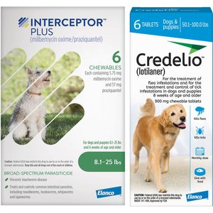 Interceptor Plus Chew for Dogs, 8.1-25 lbs, (Green Box), 6 Chews (6-mos. supply) & Credelio Chewable Tablet for Dogs, 50.1-100 lbs, (Blue Box), 6 Chewable Tablets (6-mos. supply)