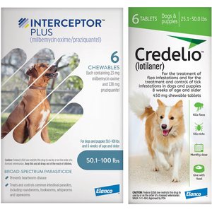 Interceptor Plus Chew for Dogs, 50.1-100 lbs, (Blue Box), 6 Chews (6-mos. supply) & Credelio Chewable Tablet for Dogs, 25.1-50 lbs, (Green Box), 6 Chewable Tablets (6-mos. supply)