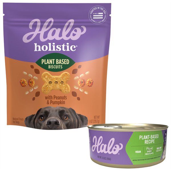 Halo Holistic Garden of Vegan Recipe Adult Canned Dog Food + Healthsome Vegan Grain-Free Biscuits with Peanut 'n Pumpkin Treats slide 1 of 9