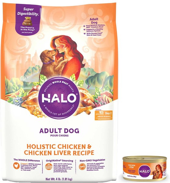 Halo Holistic Chicken & Chicken Liver Adult Dry Food + Chicken Stew Adult Canned Dog Food slide 1 of 9