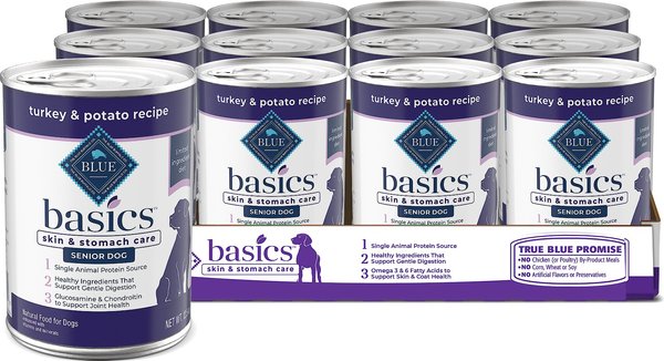 Blue Buffalo Basics Skin & Stomach Care Grain-Free Turkey & Potato Senior Canned Dog Food, 12.5-oz, case of 12, bundle of 2 slide 1 of 10
