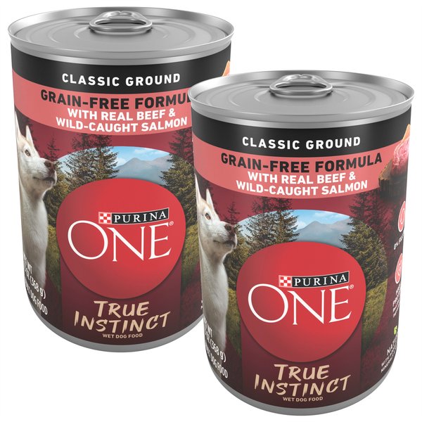 Purina ONE SmartBlend True Instinct Classic Ground with Real Beef & Wild-Caught Salmon Dog Food, 13-oz, case of 12, bundle of 2 slide 1 of 11