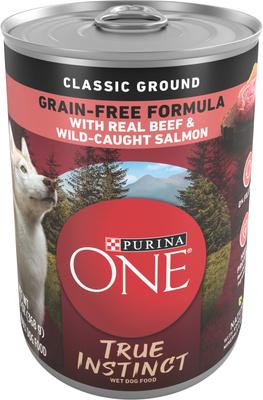 Show full view: Purina ONE SmartBlend True Instinct Classic Ground with Real Beef & Wild-Caught Salmon Dog Food, 13-oz can, bundle of 24  slide 3 of 12