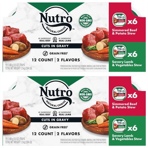 Nutro Grain-Free Simmered Beef Stew & Savory Lamb Stew Cuts in Gravy Variety Pack Adult Dog Food Trays, 3.5-oz, pack of 12, bundle of 2 slide 1 of 9
