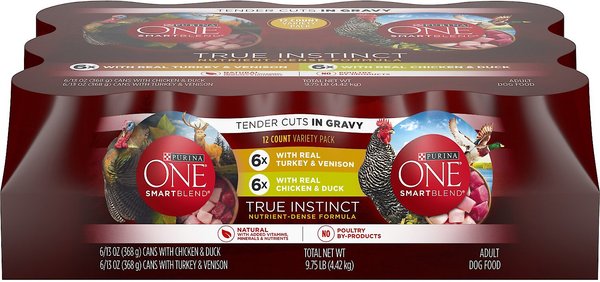 Purina ONE SmartBlend True Instinct Tender Cuts in Gravy Variety Pack Canned Dog Food, 13-oz can, case of 12, bundle of 2 slide 1 of 11