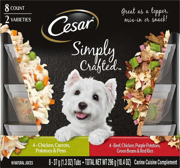 Cesar Simply Crafted Variety Pack Chicken, Carrots, Potatoes & Peas, & Beef, Chicken, Purple Potatoes, Green Beans & Red Rice Wet Dog Food Topper, 1.3-oz, pack of 8, bundle of 2 slide 1 of 9